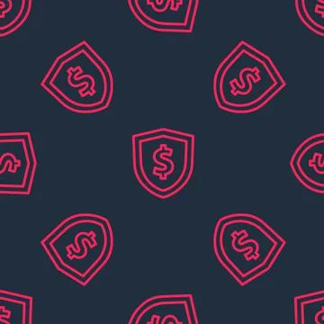 Red line Shield with dollar symbol icon isolated seamless pattern on black Illustrazione stock