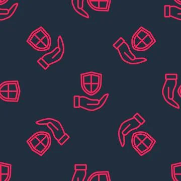 Red line Shield in hand icon isolated seamless pattern on black background Stock Illustration