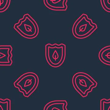 Red line Shield with leaf icon isolated seamless pattern on black background Illustrazione stock
