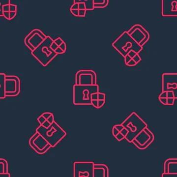 Red line Shield security with lock icon isolated seamless pattern on black Illustrazione stock