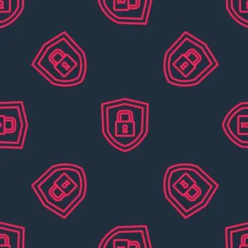 Red line Shield security with lock icon isolated seamless pattern on black イラスト素材