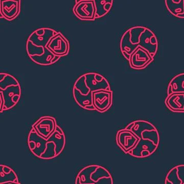 Red line Shield with world globe icon isolated seamless pattern on black Stock Illustration
