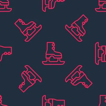 Red line Skates icon isolated seamless pattern on black background. Ice skate Stock Illustration