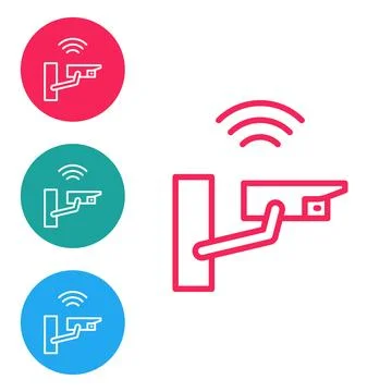 Red line Smart security camera icon isolated on white background. Internet .. Illustrazione stock