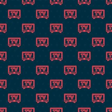 Red line Smart Tv icon isolated seamless pattern on black background. Telev.. イラスト素材