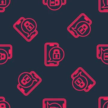 Red line Smartphone with closed padlock icon isolated seamless pattern on black Illustrazione stock