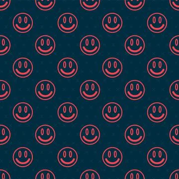 Red line Smile face icon isolated seamless pattern on black background. Smiling Stock Illustration