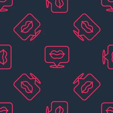 Red line Smiling lips icon isolated seamless pattern on black background. Smile 스톡 일러스트