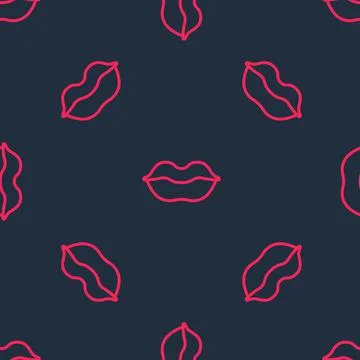 Red line Smiling lips icon isolated seamless pattern on black background. Smi Illustration