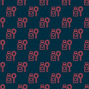 Red line Soap bubbles bottle icon isolated seamless pattern on black background 스톡 일러스트