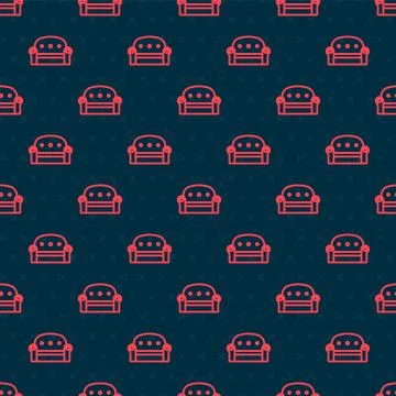 Red line Sofa icon isolated seamless pattern on black background. Vector 스톡 일러스트