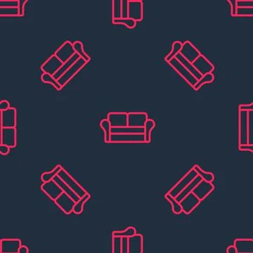 Red line Sofa icon isolated seamless pattern on black background. Vector Illustrazione stock