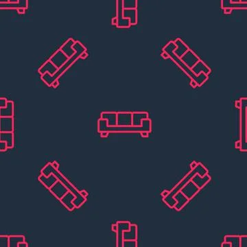 Red line Sofa icon isolated seamless pattern on black background. Vector Illustrazione stock