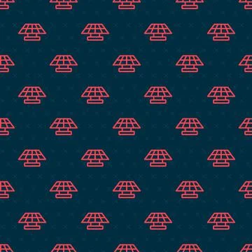 Red line Solar energy panel icon isolated seamless pattern on black backgroun 스톡 일러스트