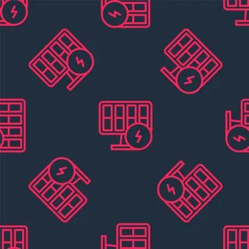Red line Solar energy panel icon isolated seamless pattern on black background イラスト素材