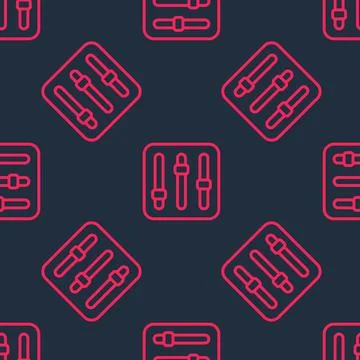 Red line Sound mixer controller icon isolated seamless pattern on black Stock Illustration