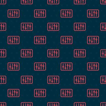 Red line Sound mixer controller icon isolated seamless pattern on black backg Stock Illustration