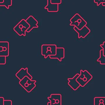 Red line Speech bubble chat icon isolated seamless pattern on black background Stock Illustration