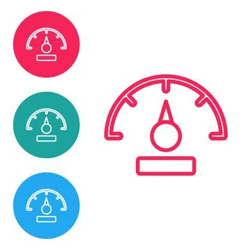 Red line Speedometer icon isolated on white background. Set icons in circle Stock Illustration