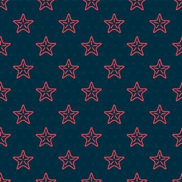 Red line Starfish icon isolated seamless pattern on black background. Vector Illustrazione stock