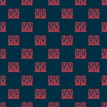 Red line Stereo speaker icon isolated seamless pattern on black background Stock Illustration