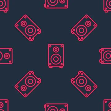 Red line Stereo speaker icon isolated seamless pattern on black background Stock Illustration