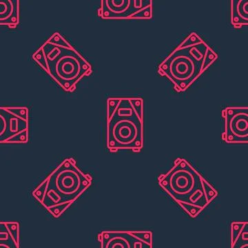 Red line Stereo speaker icon isolated seamless pattern on black background Stock Illustration