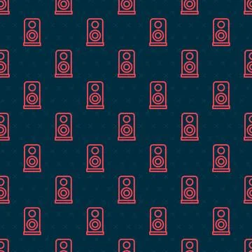 Red line Stereo speaker icon isolated seamless pattern on black background Stock Illustration
