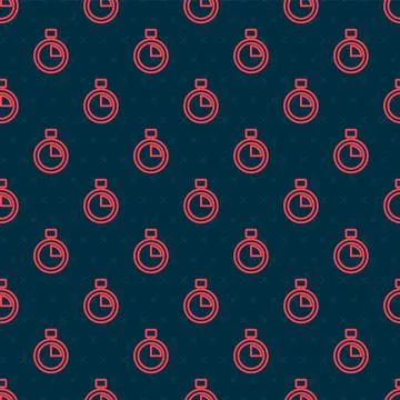 Red line Stopwatch icon isolated seamless pattern on black background. Time 스톡 일러스트
