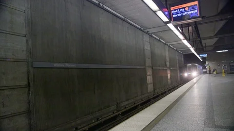 Red Line Subway pulls Into Station - Los Angeles, CA Stock Footage 87900263