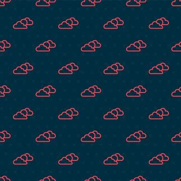 Red line Sun and cloud weather icon isolated seamless pattern on black Stock Illustration