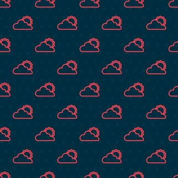 Red line Sun and cloud weather icon isolated seamless pattern on black イラスト素材