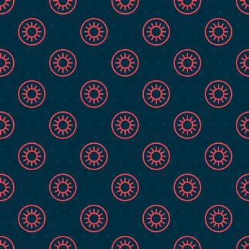 Red line Sun icon isolated seamless pattern on black background. Vector Stock Illustration
