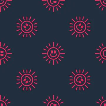 Red line Sun icon isolated seamless pattern on black background.  Vector Illustrazione stock