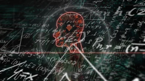Red line sweeping grid initiating neon-red head revealing pulsing data nodes for Stock Footage 314174641