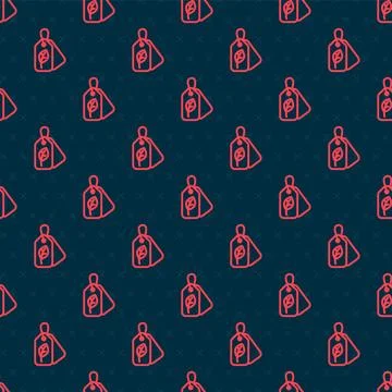 Red line Tag with leaf symbol icon isolated seamless pattern on black background Stock Illustration