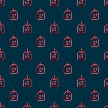 Red line Tea bag with leaf icon isolated seamless pattern on black background Stock Illustration