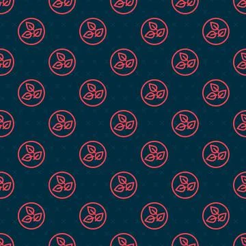 Red line Tea leaf icon isolated seamless pattern on black background. Tea lea Stock Illustration