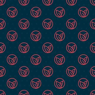 Red line Tea leaf icon isolated seamless pattern on black background. Tea l.. Illustrazione stock