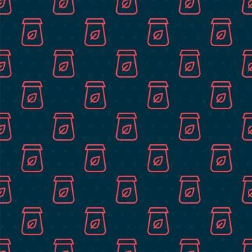 Red line Tea packaging icon isolated seamless pattern on black background. Paper Stock Illustration