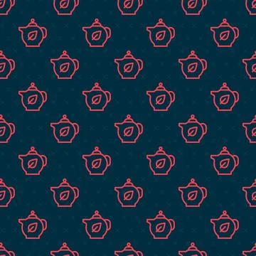 Red line Teapot with leaf icon isolated seamless pattern on black backgroun.. Stock Illustration
