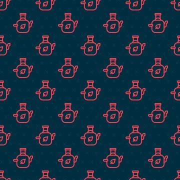 Red line Teapot with leaf icon isolated seamless pattern on black backgroun.. Stock Illustration