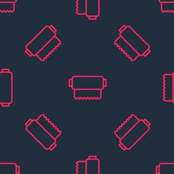 Red line Textile fabric roll icon isolated seamless pattern on black background Stock Illustration