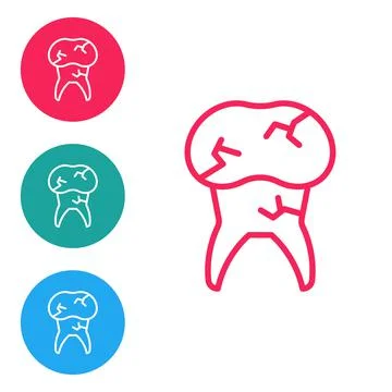 Red line Tooth with caries icon isolated on white background. Tooth decay. Set Stock Illustration