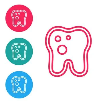 Red line Tooth with caries icon isolated on white background. Tooth decay. Set Stock Illustration