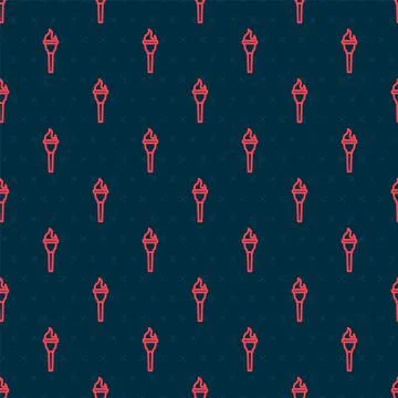 Red line Torch flame icon isolated seamless pattern on black background. Symbol Illustrazione stock