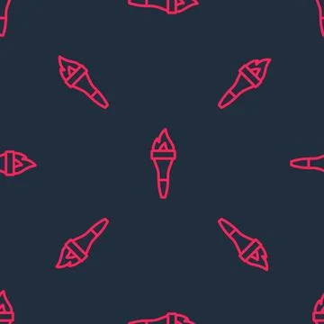 Red line Torch flame icon isolated seamless pattern on black background. Symbol Stockillustratie