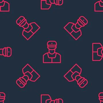 Red line Train conductor icon isolated seamless pattern on black background Stock Illustration