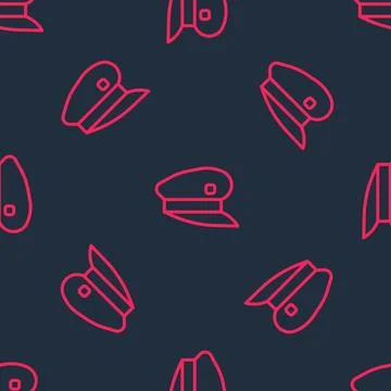 Red line Train driver hat icon isolated seamless pattern on black backgroun.. Illustrazione stock