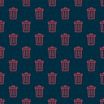 Red line Trash can icon isolated seamless pattern on black background. Garb.. Stock Illustration